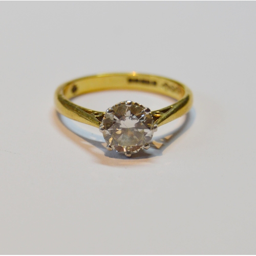 126 - Diamond solitaire ring with brilliant, approximately 1.1ct, in 18ct gold, size O, 4g gross.