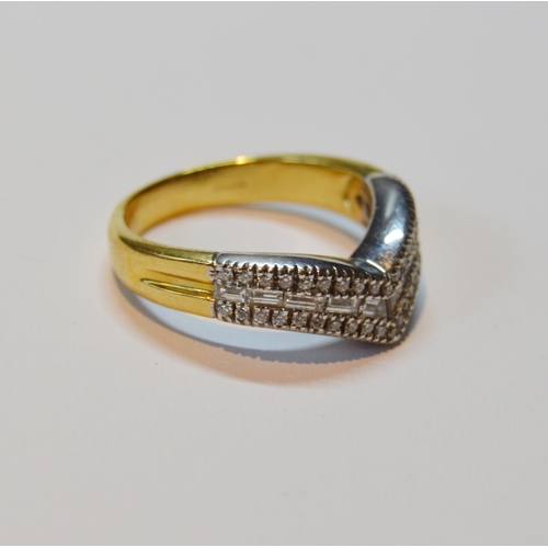 127 - Diamond half eternity-style wishbone ring with a wavy chevron of baguettes and brilliants, in 18ct g... 