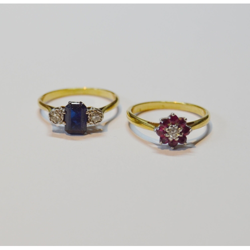 132 - Diamond and ruby cluster ring in 18ct gold, size N, and a diamond and synthetic sapphire ring in gol... 