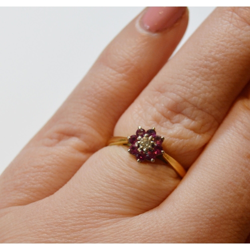 132 - Diamond and ruby cluster ring in 18ct gold, size N, and a diamond and synthetic sapphire ring in gol... 