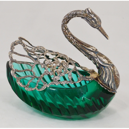 70 - Silver-mounted open salt dish in the form of a swan, the wings opening to reveal the green glass bas... 