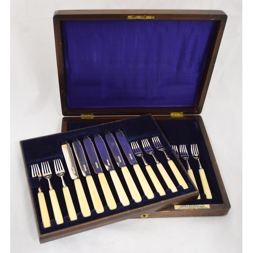 71 - Set of twelve silver fish knives and forks by Atkin Brothers, Sheffield, bone-handled, cased, with l... 