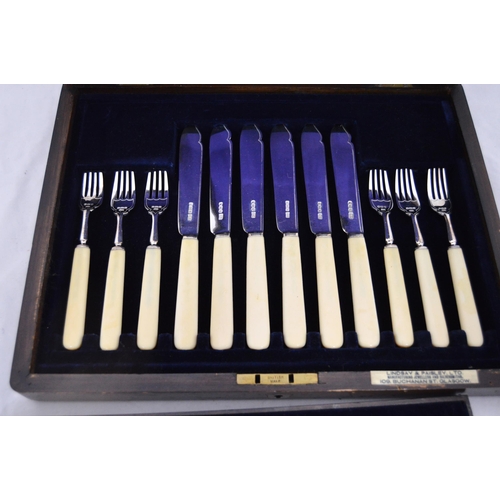 71 - Set of twelve silver fish knives and forks by Atkin Brothers, Sheffield, bone-handled, cased, with l... 