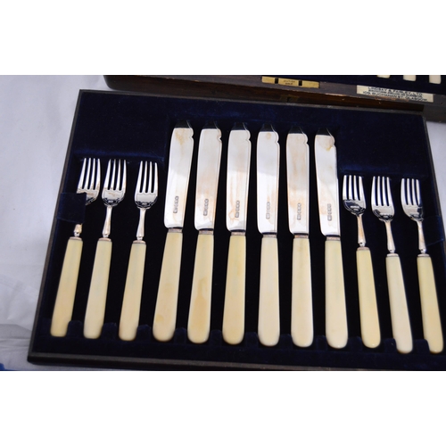 71 - Set of twelve silver fish knives and forks by Atkin Brothers, Sheffield, bone-handled, cased, with l... 