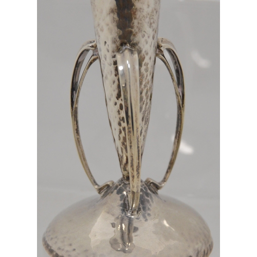 72 - Art Nouveau hammered silver trumpet-shaped vase by Ollivant & Botsford, London 1907-08, with fla... 