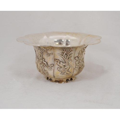 78 - Chinese export silver bowl by Wen Wo, Shanghai, with flaring lotus-shaped rim, the exterior embossed... 