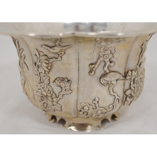 78 - Chinese export silver bowl by Wen Wo, Shanghai, with flaring lotus-shaped rim, the exterior embossed... 