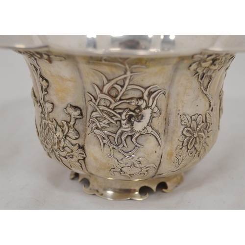 78 - Chinese export silver bowl by Wen Wo, Shanghai, with flaring lotus-shaped rim, the exterior embossed... 