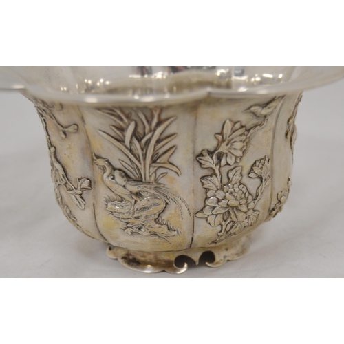 78 - Chinese export silver bowl by Wen Wo, Shanghai, with flaring lotus-shaped rim, the exterior embossed... 