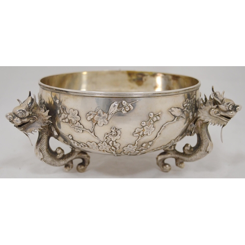 79 - Chinese export silver bowl by Luen Wo, Shanghai, with applied trefoil dragon handles, the exterior e... 