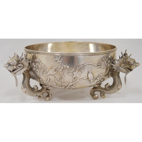 79 - Chinese export silver bowl by Luen Wo, Shanghai, with applied trefoil dragon handles, the exterior e... 