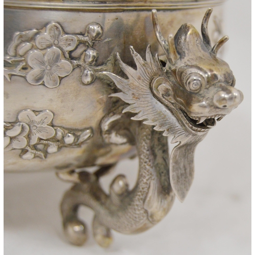 79 - Chinese export silver bowl by Luen Wo, Shanghai, with applied trefoil dragon handles, the exterior e... 