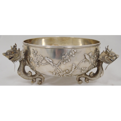 79 - Chinese export silver bowl by Luen Wo, Shanghai, with applied trefoil dragon handles, the exterior e... 