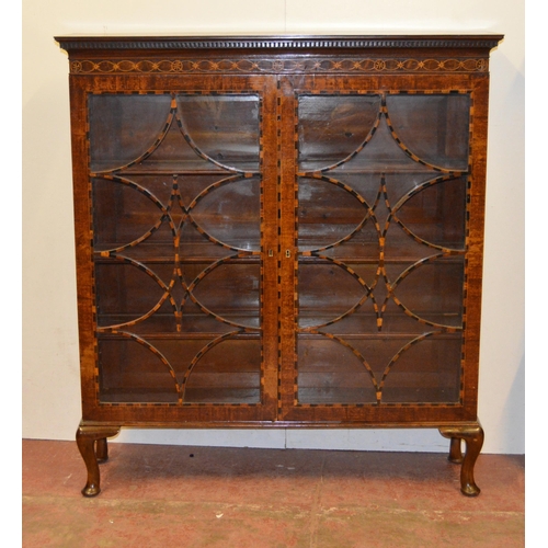 451 - Mahogany marquetry inlaid display cabinet, c. early 20th century, the dentil cornice above boxwood g... 