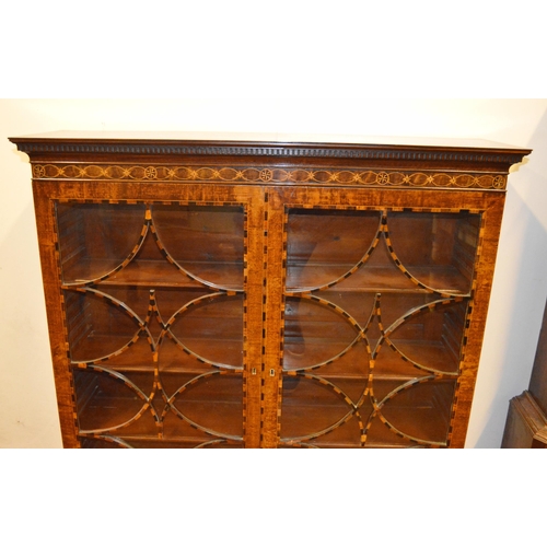 451 - Mahogany marquetry inlaid display cabinet, c. early 20th century, the dentil cornice above boxwood g... 