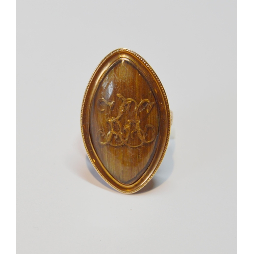 155 - Georgian gold mourning ring with lozenge-shaped initialled locket under glass, c. 1790, size O, 7.6g... 