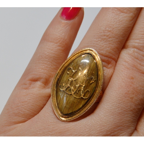 155 - Georgian gold mourning ring with lozenge-shaped initialled locket under glass, c. 1790, size O, 7.6g... 