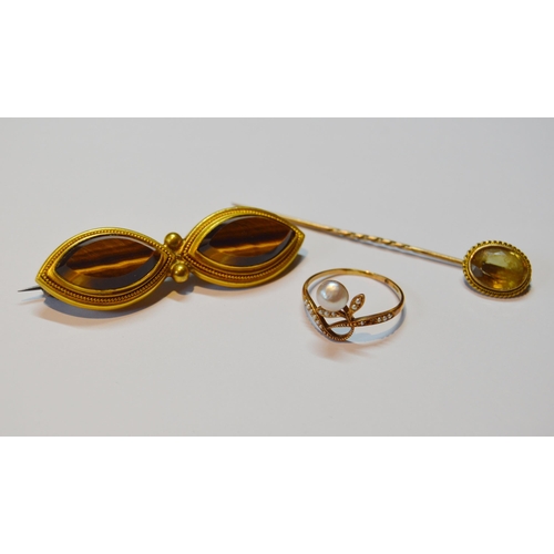 160 - Tiger's eye brooch in unmarked gold, 8.6g gross, a pearl ring, 'K15', 1.7g gross, and an unmarked sc... 