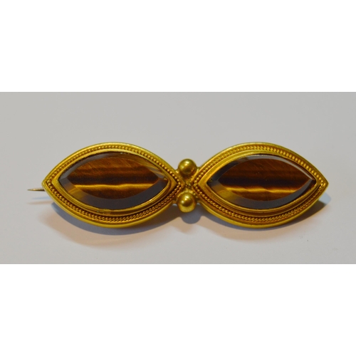 160 - Tiger's eye brooch in unmarked gold, 8.6g gross, a pearl ring, 'K15', 1.7g gross, and an unmarked sc... 