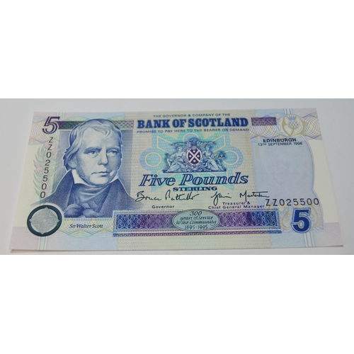 174 - Bank of Scotland uncirculated Tercentenary £5 replacement note 134-2R Pattullo/Masterton ZZ 025502, ... 