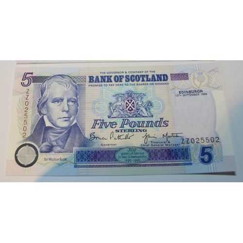 174 - Bank of Scotland uncirculated Tercentenary £5 replacement note 134-2R Pattullo/Masterton ZZ 025502, ... 