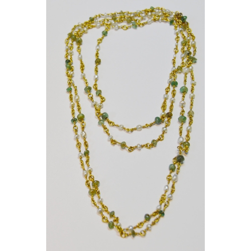 161 - Wire necklet and drop, set with multiple seed pearls and small emeralds, unmarked, probably gold, ap... 