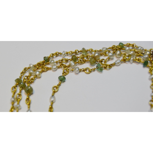 161 - Wire necklet and drop, set with multiple seed pearls and small emeralds, unmarked, probably gold, ap... 