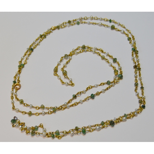 161 - Wire necklet and drop, set with multiple seed pearls and small emeralds, unmarked, probably gold, ap... 