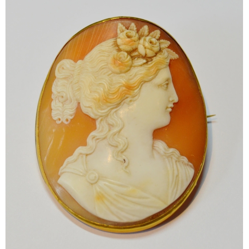 169 - Victorian shell cameo brooch depicting a woman, in slim gold mount.