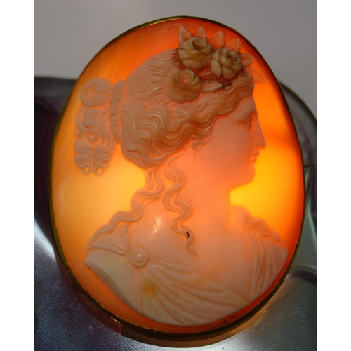 169 - Victorian shell cameo brooch depicting a woman, in slim gold mount.