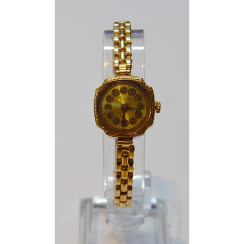 186 - Rolex Prima ladies watch with silvered gilt dial, in 9ct gold case with incurved corners and engrave... 