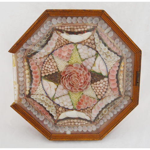 215 - Pair of early Victorian shell collages, enclosed in a glazed octagonal display case, 32cm x 31cm.