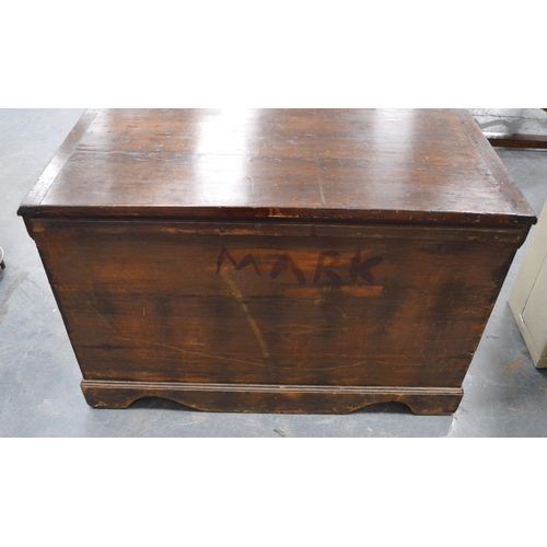 452 - Victorian stained pine blanket chest, the hinged top enclosing a candle box above two short drawers ... 