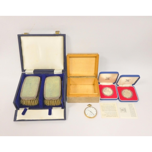 1 - Elgin rolled gold pocket watch, two silver coins, shagreen mounted cigarette box and a pair of simil... 