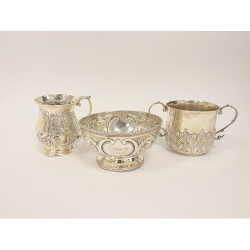 10 - Silver embossed bowl 1861, a similar mug 1900 and a porringer 1896. 496g (3) 