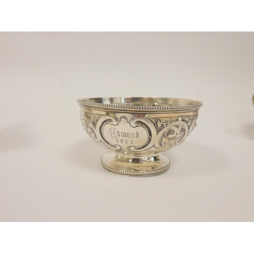 10 - Silver embossed bowl 1861, a similar mug 1900 and a porringer 1896. 496g (3) 