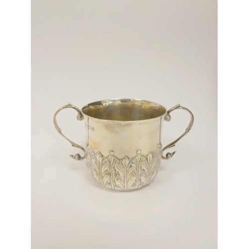 10 - Silver embossed bowl 1861, a similar mug 1900 and a porringer 1896. 496g (3) 