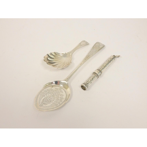 17 - Silver caddy spoon of Georgian scallop style, a similar preserve spoon and an engraved pencil case. ... 