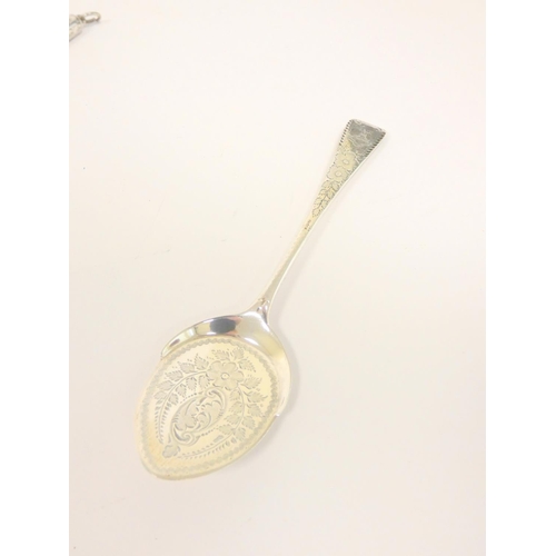 17 - Silver caddy spoon of Georgian scallop style, a similar preserve spoon and an engraved pencil case. ... 