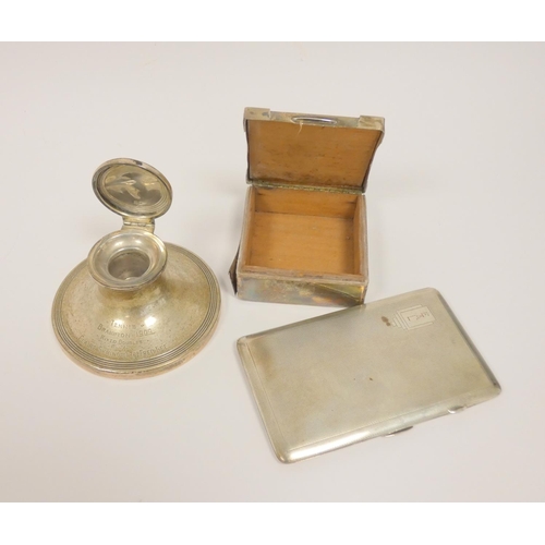 2 - Silver capstan inkwell, a cigarette case and box. (3)