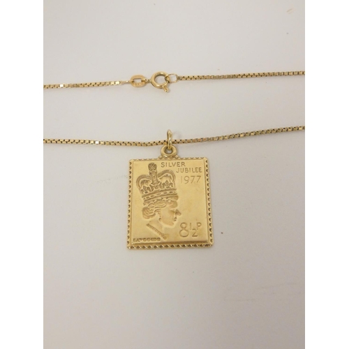 31 - 9ct gold 1977 Silver Jubilee pendant of postage stamp form, on necklet. 14g 