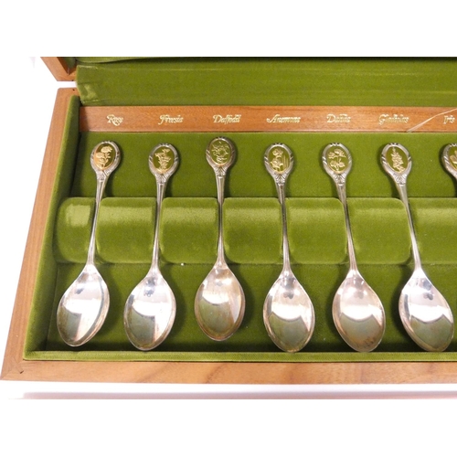 8 - Set of twelve silver R.H.S Flower spoons, in wooden case. 235g 