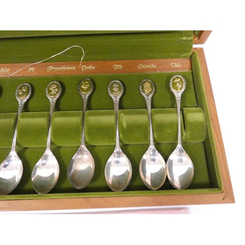 8 - Set of twelve silver R.H.S Flower spoons, in wooden case. 235g 