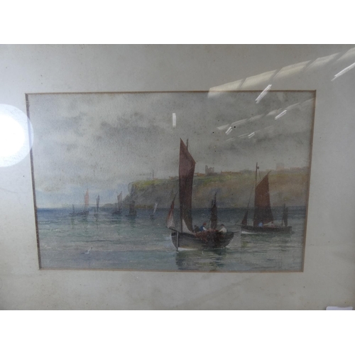 30 - Unsigned coastal watercolour of fisherman, in a gilt frame, probably off Whitby....