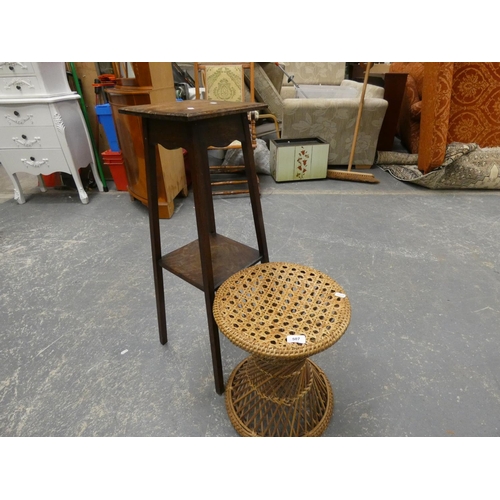 507 - Antique two tier jardinière stand and a wicker foot stool.