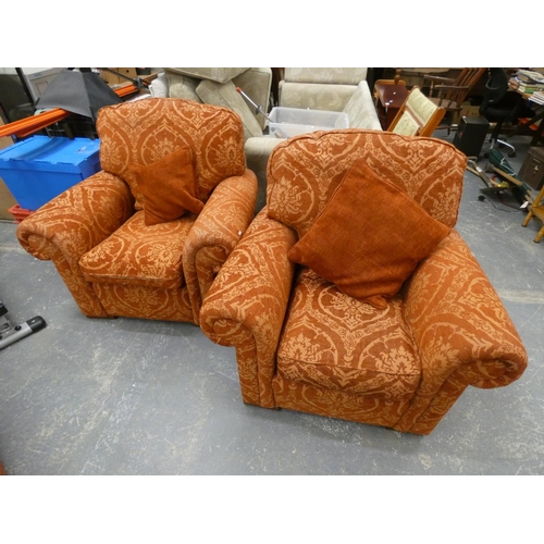 514 - Floral terracotta colour modern three piece suite comprising two seater sofa and a pair of arm chair... 