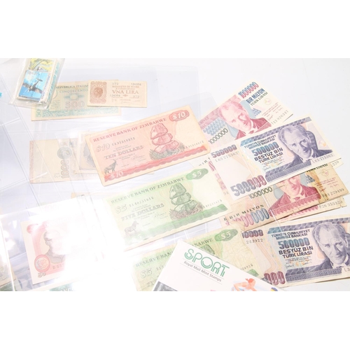 642 - Banknote collection to include ITALY, INDIA, USA, KOREA, CAMBODIA, ZIMBABWE, ZAIRE, GREECE, SCOTLAND... 