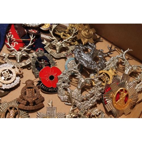 664 - Group of military cap badges and buttons to include Gordon Highlanders, Royal Scots, Seaforth Highla... 