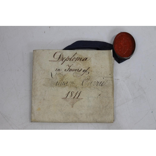 693 - 19th century documents to include two diploma of William Carrie dated 1811 on vellum and a discharge... 