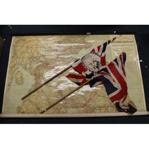 732 - Large school type wall map of Southern Scotland by Geographica Ltd of London, also two Union Jack fl... 